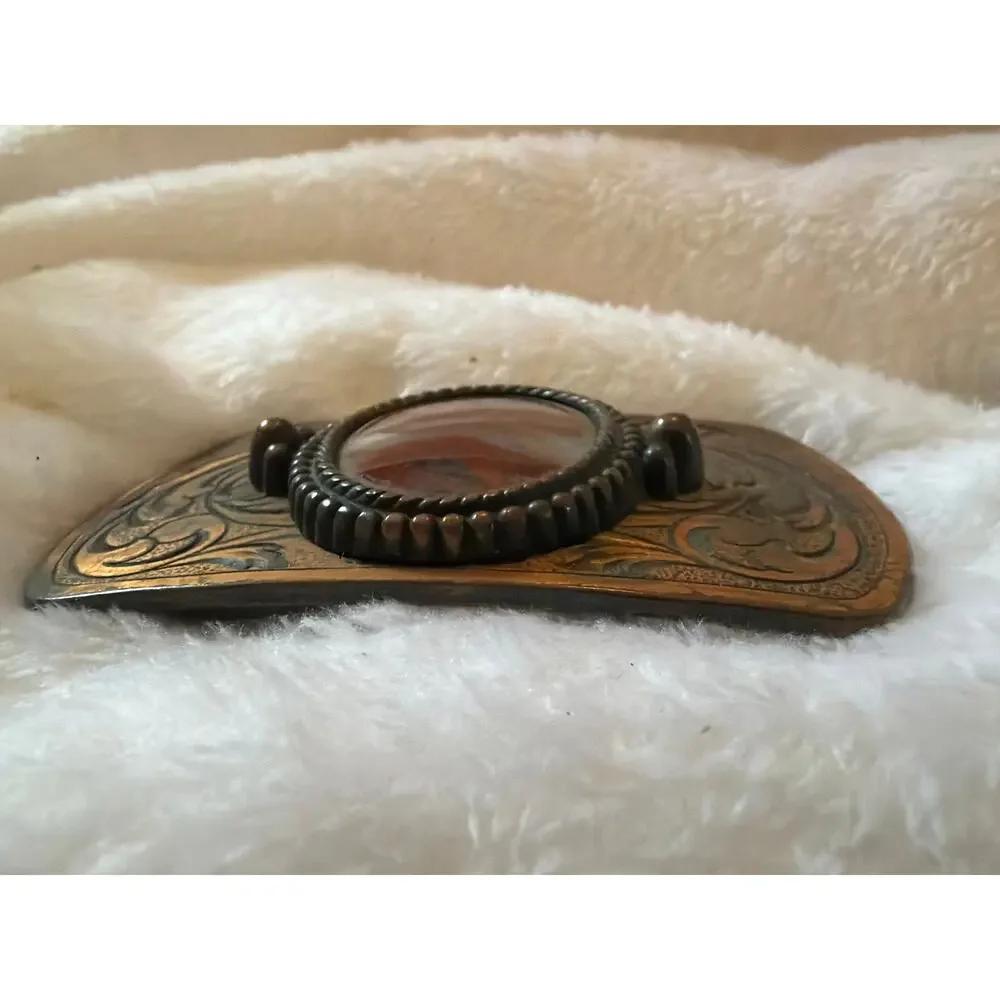 Vintage Western Belt Buckle Natural Agate Stone Scroll Engraved Brass Tone